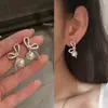 Brincos de pérola com laço de zircônia vintage estilo francês, brincos de luxo leve de alta qualidade, acessórios de ouvido versáteis com design de nicho