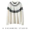 Suéter vintage Fair Isle de gola redonda para outono e inverno para mulheres, tricô jacquard bloqueio de cor estilo étnico, base de cashmere solta