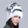 Gorro de Lana Grueso de Invierno Nuevo para Mujer Estilo Europeo y Americano, Gorro de Piel de Conejo Rex, Gorro de Punto con Cinturón Lateral y Flor