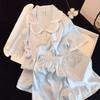 Pijama para Mujer, Verano Seda de Hielo Delgada Pantalón Manga Corta Traje de Tres Piezas, Noble Encaje de Seda de Hielo Ropa Fresca para el Hogar