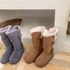 Sapatos de Inverno de Camurça Estilo Coreano para Crianças Botas de Neve Infantis Botas Longas para Meninas Botas Altas Engrossadas com Plus Fleece Pelo de Coelho Integrado