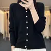 Casaco de malha de lã fina, gola redonda, cor sólida, manga longa, fivela feminina, solto, emagrecedor, novo para primavera e verão