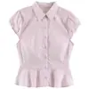 Camisa de manga curta com gola babado e design que afina a cintura, camisa curta listrada com barra babada, top de manga curta slim fit para o trabalho