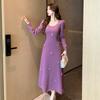Vestido Simple de Punto Transfronterizo 2025 para Mujer Otoño e Invierno Mangas Abullonadas Estilo Francés de Alta Gama Look Adelgazante Flor