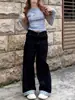 Jeans de Retazos a Cuadros con Bordado de Letras y Lazo para Mujer, Diseño Americano, Pantalones Nuevos de Cintura Alta Sueltos Adelgazantes de Pierna Ancha