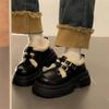 Zapatos de cuero con forro polar y suela gruesa de estilo británico para mujer, otoño e invierno 2024, nuevos mocasines franceses combinables, zapatos Mary Jane de algodón