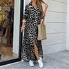 AliExpress Cross-border Trade 2022 Trendy Leopard Print Europeu e Americano Moda Feminina Saia Dividir Longo Camisa vestido