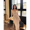 Elegante Vestido de Color Sólido Estilo Socialité, Corte Ajustado, Ceñido a la Cintura, Cruzado en la Parte Delantera, Cuello en U, para Mujer, Irregular Largo, Otoño e Invierno, Transfronterizo