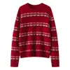 Suéter de Cachemira Jacquard Vintage Fair Isle para Mujer, Cuello Redondo, Corte Holgado, Suéter de Punto Rojo de Año Nuevo, Suéter de Cachemira Estilo Casual