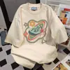 Camiseta de Manga Corta con Estampado de Dibujos Animados Divertido de Nicho para Mujer Verano 2025 Casual Holgada Vintage Cuello Redondo Top Versátil