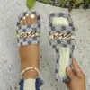 Sandalias de Cadena de Pedrería con Tira Transparente para Mujer 2024 Nuevo Estilo Coreano Verano Versátiles Planas de Punta Redonda Sandalias para Mujer
