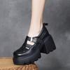 Jishu 25 Primavera Camada Superior Couro Bovino Vazado Velcro Sapatos Femininos Couro Genuíno Solado Grosso Sandálias de Salto Alto