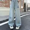 Calça Jeans Feminina Primavera e Outono 2026, Calça Reta da Moda Bordada com Desenho para Meninas Mais Velhas, Calça Wide Leg Versátil Infantil para Primavera