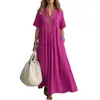 Vestido longo casual folgado de manga curta com decote V e cor sólida plissado, moda feminina transfronteiriça europeia e americana 2026