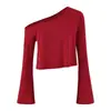 Camiseta Assimétrica de Lyocell para Mulheres, Outono 2026, Tendência Irregular Ombro a Ombro Solta Curta Cropped Manga Longa