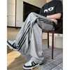 Calça Masculina de Seda Gelada Secagem Rápida com Três Listras Americanas Verão Fina Esportiva Longa Solta Reta Wide-Leg Casual