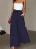 Calça de Verão Lisa de Cintura Alta Wide Leg para Mulheres 2026, com Cintura Elástica Plissada e Cordão, Afinando e com Caimento Fluido, Roupas Femininas de Comércio Exterior