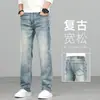 Calça jeans masculina de alta qualidade, estilo retrô, cor clara, para primavera, corte reto e solto, nova 2026, elástica, lavada, estilo primavera e outono