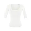 Camiseta de Lyocell Tencel con Cuello en U y Mangas Medias para Mujer 2026 Verano Única Elegante Chic Top Básico Ceñido a la Cintura