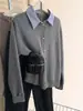 [Fio cardado lavável] Cardigan suéter com gola de camisa falsa de duas peças cinza para mulheres, malha espessa para outono e inverno, adequado para figuras petites