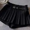 Pantalones de falda corta plisados estilo europeo y americano con cinturón, adecuados para mujeres petite, de cintura alta y adelgazantes, para primavera, verano y otoño