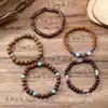 Amazon venta caliente transfronteriza pulsera de cuentas hecha a mano estilo retro para hombre pulsera de línea elástica multicapa con cuentas de madera árbol de la vida