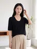 Suéter de punto de lana para mujer con cuello en U, hombro normal, manga corta, colección otoño 2026, versátil de corte ajustado para llevar debajo, con cuello redondo bajo