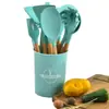 Juego de Utensilios de Cocina de Silicona con Mango de Madera Espátula Multifuncional Cuchara de Cocina Pala Juego de 13 Piezas Barril de Almacenamiento