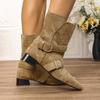 Botas Western de Cowboy Plisadas Marrones para Mujer Verano 2025 Nuevas Botas de Caballero de Color Sólido con Tacón Grueso
