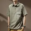 Camisa Polo de Manga Curta para Homens, Estilo Americano High-End com Design de Bolso Color Block, Roupa de Trabalho, Camiseta da Moda Vintage de Outono para Homens