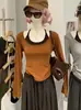 Camiseta de Manga Larga con Cuello Halter Ajustada para Mujer KEKEZOON Otoño Moda Diseño de Bloques de Color 9034
