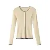 Ropa de mujer más vendida en comercio exterior transfronterizo de Amazon 2026: Cárdigan de punto acanalado vertical bicolor, cuello redondo, corte ajustado, con ribete de color de contraste