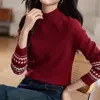 Top de tricô com base bordada, manga longa, gola semimalta, bloqueio de cores florais de primavera, lã, estilo coreano, simples e elegante, que rejuvenesce, para mulheres