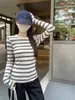 Tiro real: Outono e inverno estilo coreano gola redonda listrado color blocking slim fit elegante versátil manga longa camiseta top para mulheres 19572