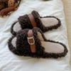 Pantuflas de Color Bloqueado con Hebilla de Cinturón y Punta Abierta para Mujer, Nuevo Estilo de Otoño, Estilo de Hada Europea, Pantuflas de Algodón Antideslizantes para Interiores
