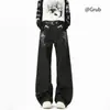 Jeans Retrô Americano Estampa Osso de Cobra Cor Crua Design para Homens e Mulheres Senso de Design High Street Reto Solto Calça de Perna Larga Preta