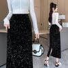 Falda de Lentejuelas de Otoño e Invierno de Tiro Real Transfronterizo Falda para Mujer Falda Larga Negra Nuevo Abalorios de Alta Gama Brillante Recta con Abertura