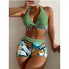 2025 Novo Amazon Transfronteiriço Europeu e Americano Roupa de Banho Comércio Exterior Decote Halter Estampado Maiô Dividido Bikini de Cintura Alta Floral