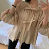 Camisa de chiffon com manga sino e laço, estilo coreano, camisa elegante e soltinha, top de design único