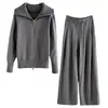 Conjunto casual de moda estilo coreano para otoño, con cuello alto, suéter de punto con doble cremallera y pantalón casual, conjunto de dos piezas