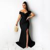 Vestido sexy de discoteca para mujer, estilo europeo y americano, con escote en V, color liso, largo con abertura grande, de manga corta para primavera y verano.