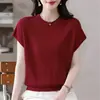 Camiseta de punto holgada de manga corta para mujer, talla grande, estilo nuevo, cuello redondo, top versátil adelgazante para mujeres de talla grande, negro, talla única, blanco