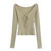 2024 Principios de Otoño Delgada Sexy Ajustada Spice Girl Ropa Exterior Top Sexy con Cordones Cuello en V Grande Manga Larga Camiseta para Mujer