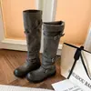 Botas Altas de Punta Redonda con Hebilla Estilo Nuevo Otoño/Invierno 2026 Tacón Grueso Tacón Medio Piel de Vaca Botas de Poner para Mujer