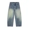 Roupas Masculinas Muqiu Estilo de Rua Americano Vintage Degradê Lavado Desconstruído Faca Curva Jeans Calças Largas Soltas Masculinas