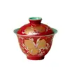 Gaiwan de Dos Piezas Color Rojo Dorado y Plateado Chino con Forma de Durazno Cerámica de Alto Valor Nuevo Estilo Chino Tazón de Té Juego de Té