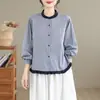 Foto Real da Nova Camisa Simples de Outono 2025, Estilo Literário, Tamanho Grande, Retrô, Manga Longa, Gola Redonda, Estilo Coreano, Top para Mulheres
