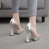 Sapatos de Salto Feminino Laço Europeu e Americano Raso Sapatos Femininos Strass Taça de Vinho Salto Grosso Transparente Bico Peixe Sapatos de Salto Alto