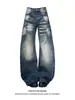 Jeans Feminino Retrô Americano Lavado com Padrão de Nó de Bambu, Pernas Curvas, Design High Street Outono/Inverno, Calças Largas Soltas Emagrecedoras
