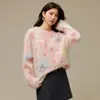 Suéter de Mohair com Estampa de Borboleta Feminino com Miçangas Gola Redonda Tricô Solto Novo para o Início do Outono Top de Manga Longa Suéter Feminino
